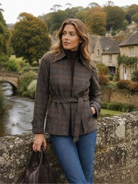 Etcetera Belted Plaid Tweed Jacket Size 10 Zip Front Heritage Old Money Chic